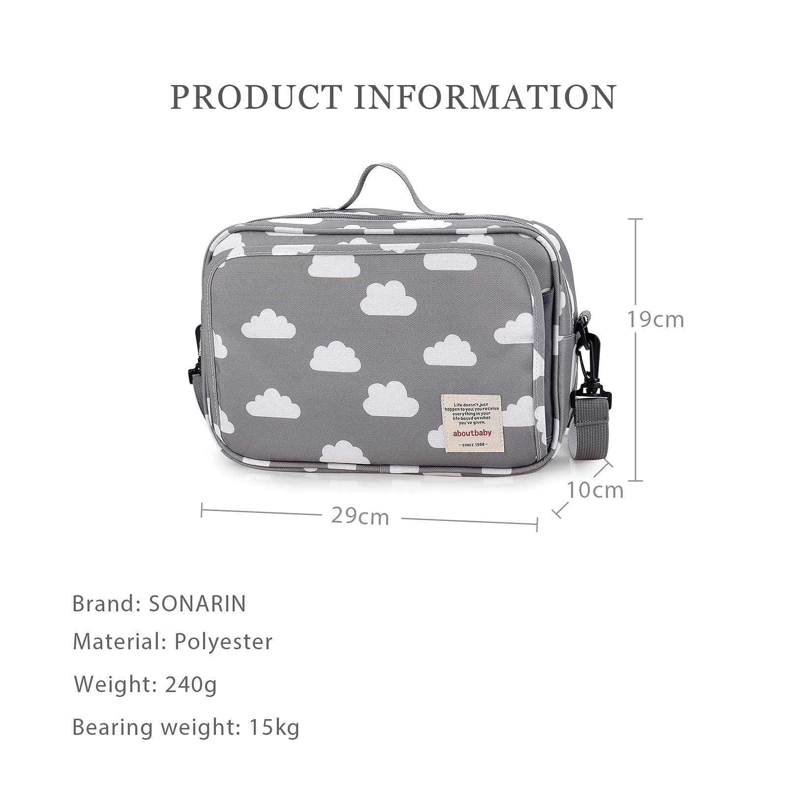 SONARIN Borsa Organizer per tutti i passeggini, Organizzatore Universale con portabicchieri, 2 ganci per carrozzina, usato come borsa da trasporto (Nube)