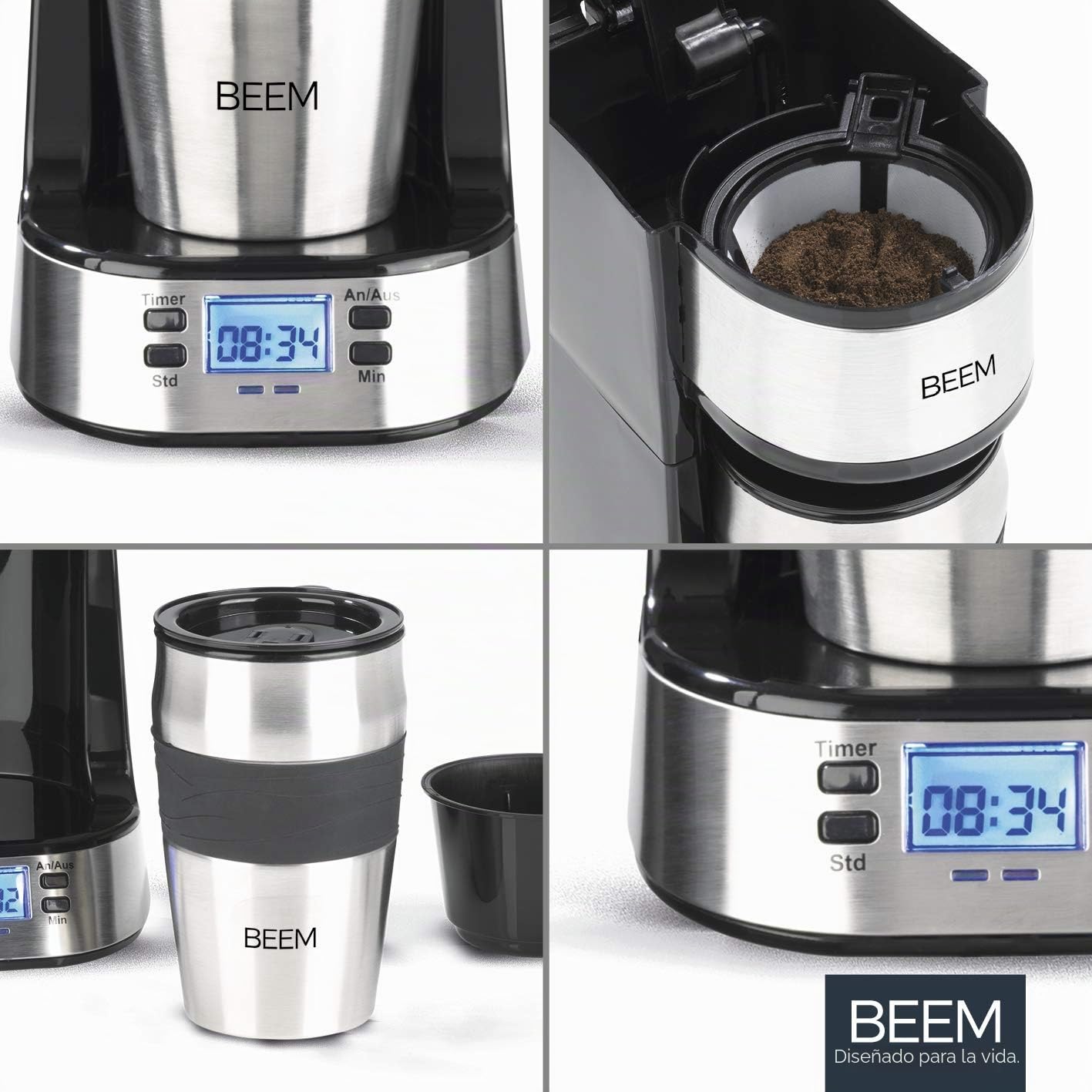 BEEM THERMO 2 GO Cafetera de filtro individual con taza térmica | Incluye taza de café de 0,4 l para llevar | Con temporizador de 24 horas para una taza de café caliente sin esperar | 750 W