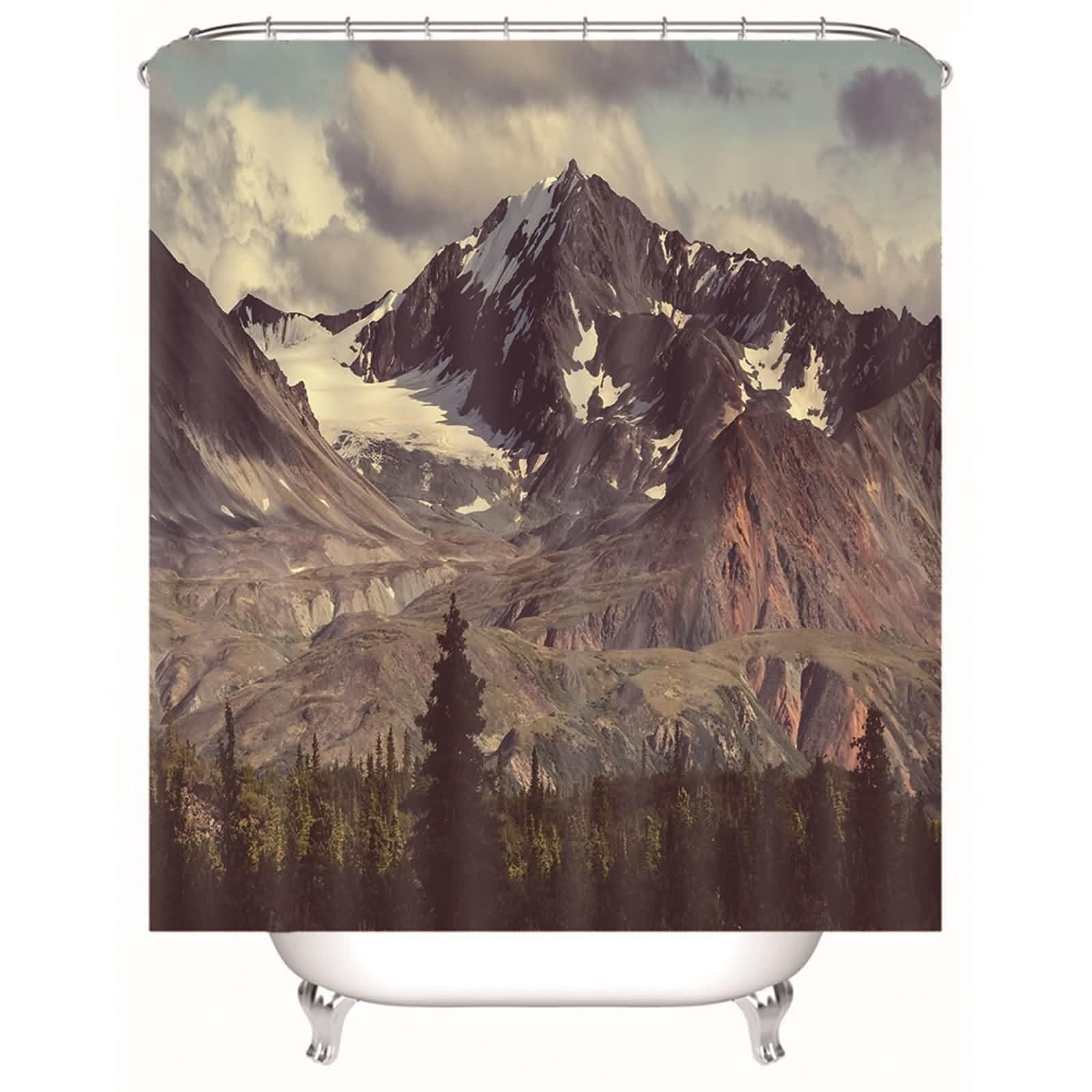 Rideau de douche textile montagne de neige en polyester lavable avec anneaux pour salle de bain