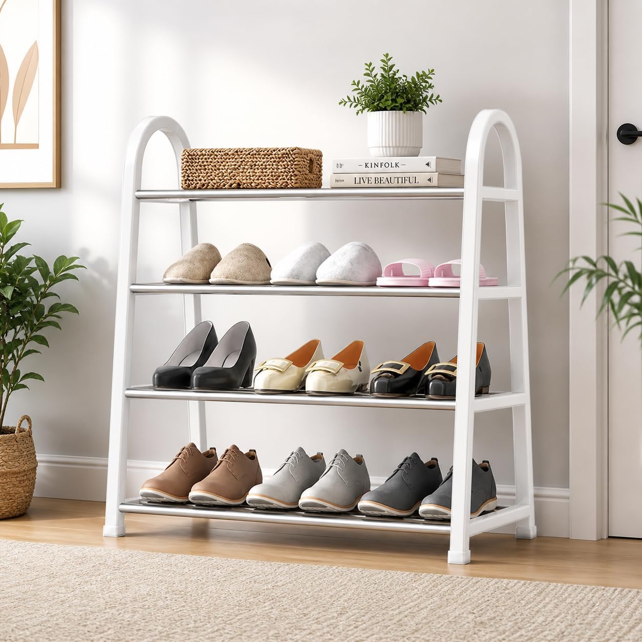 Lukzer 4-Tier Shoe Rack | A-Shaped Metal Plastic Shoe Stand Organizer, Compact Space-Saving Multipurpose Storage Stand, Footwear Rack for Home & Office Entryway (CH-047/White/63x28x54 cm)-image-46