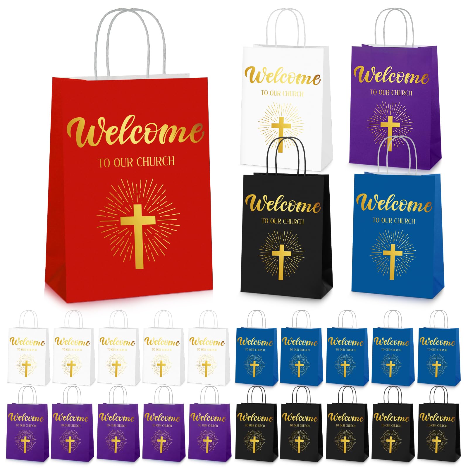 Chuangdi 50 Pcs Church Welcome Gift Bags Christian Paper Welcome to Our Church Religious Bags with Handles for Guest Easter Mother Day Baby Shower