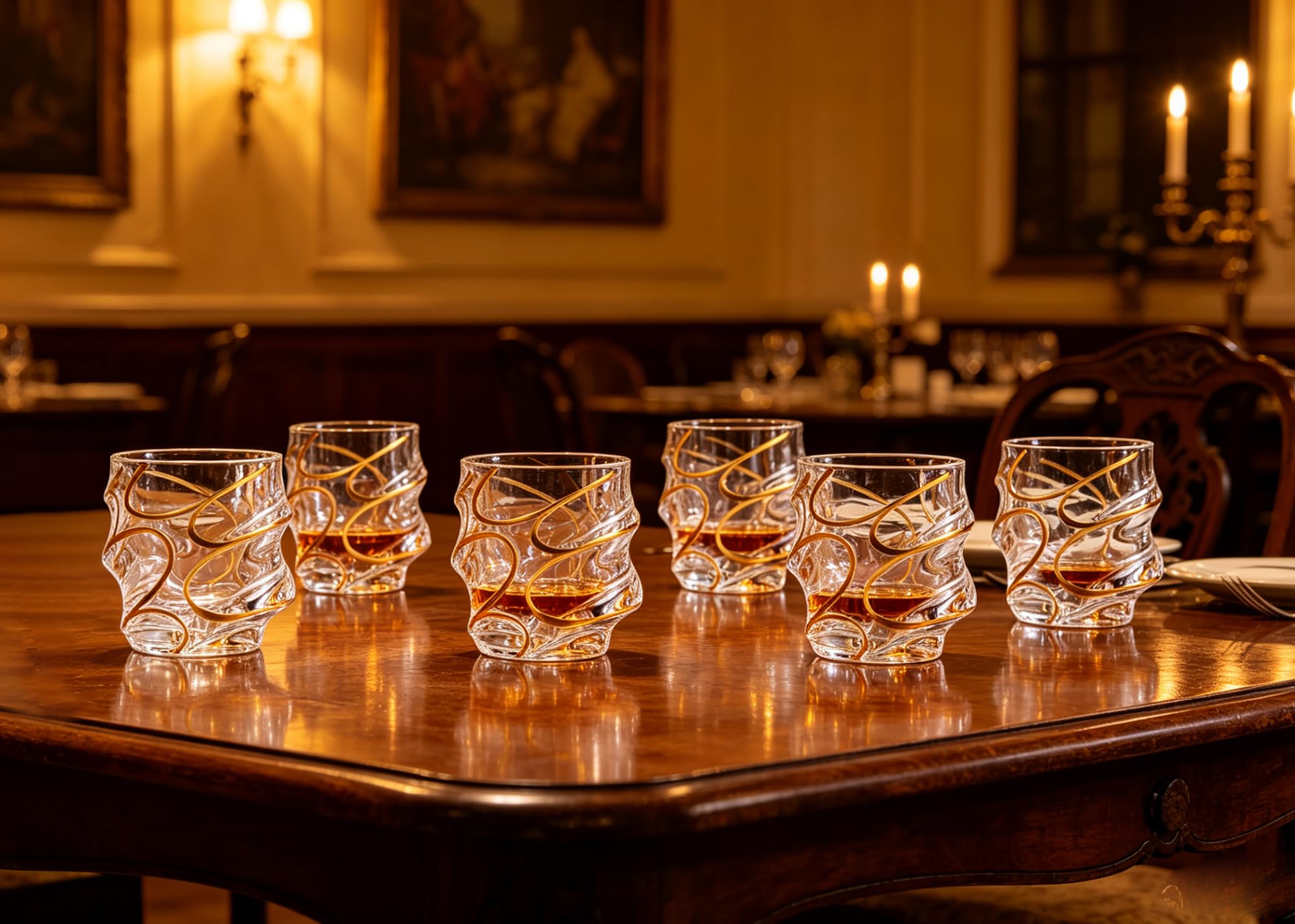 Carafe à whisky en cristal doré peinte à la main avec bouchon en verre – 750 ml élégante carafe à liqueur pour whisky, scotch, bourbon et spiritueux (carafe à décanter et 6 verres)