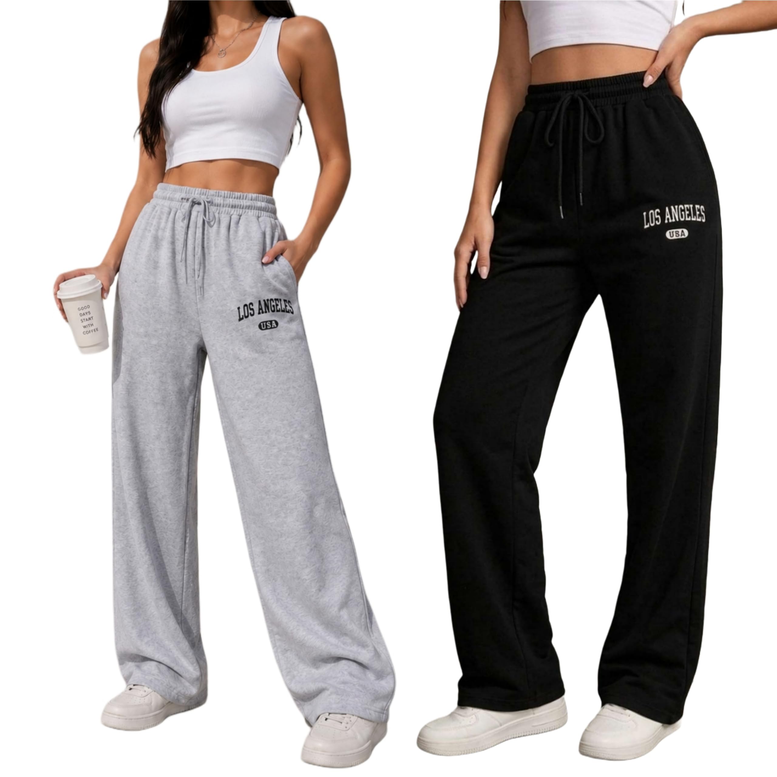 Women's Terry Cotton Track Pants Combo (Pack of 2) - Wide-Leg High-Waist Jogger Sweatpants with Drawstring, Casual Athleisure Bottoms-picture-51