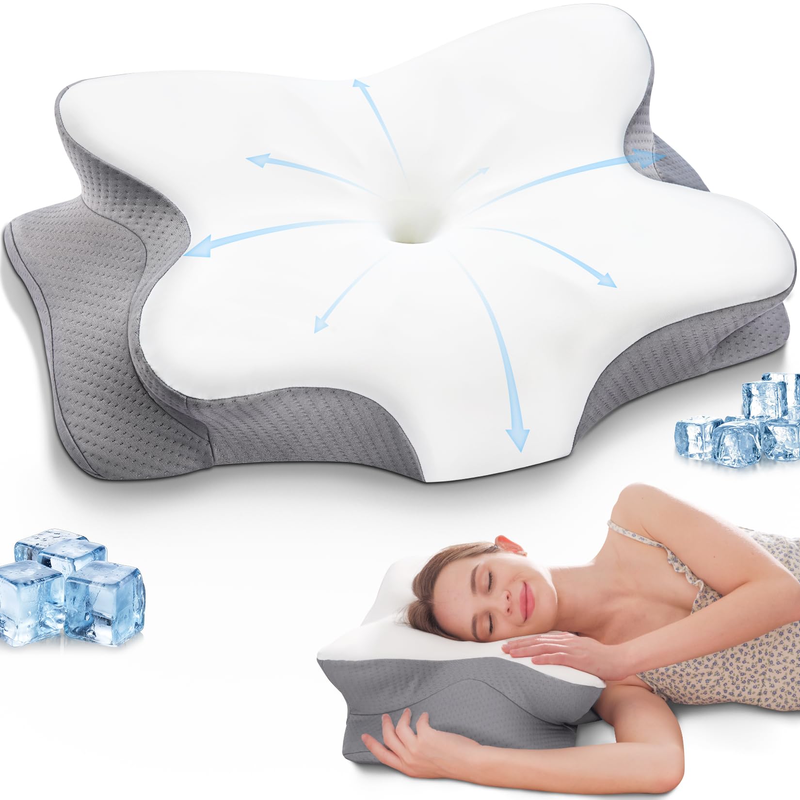 Coperat Cervical Pillow for Neck and Shoulder Pain Relief Contour Pillow Ergonomic Neck Support Pillow for Side Back Stomach Sleepers with Cooling Pillowcase, White&Grey