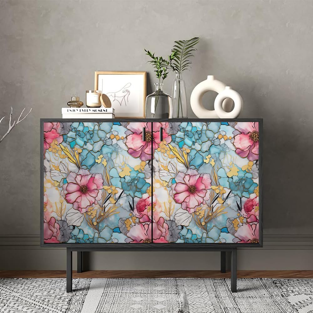 REDAMANCY Pink Blue Flower Marble Flower Abstract Peel and Stick Wallpaper Modern Cute Wall Paper Stick on Contact Paper Easy Peel Off for Bedroom nightstand Drawer Renter Friendly 17.7"x236"