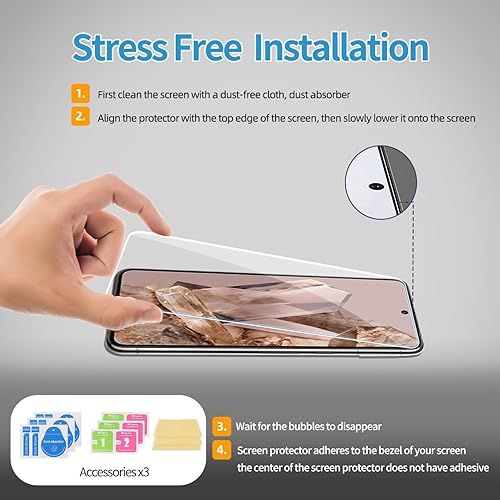 Vista 5 de Paquete de 3 protectores de pantalla de vidrio templado aplicables para Google Pixel 8 Pro de 6.7 pulgadas, compatible con identificación de huellas