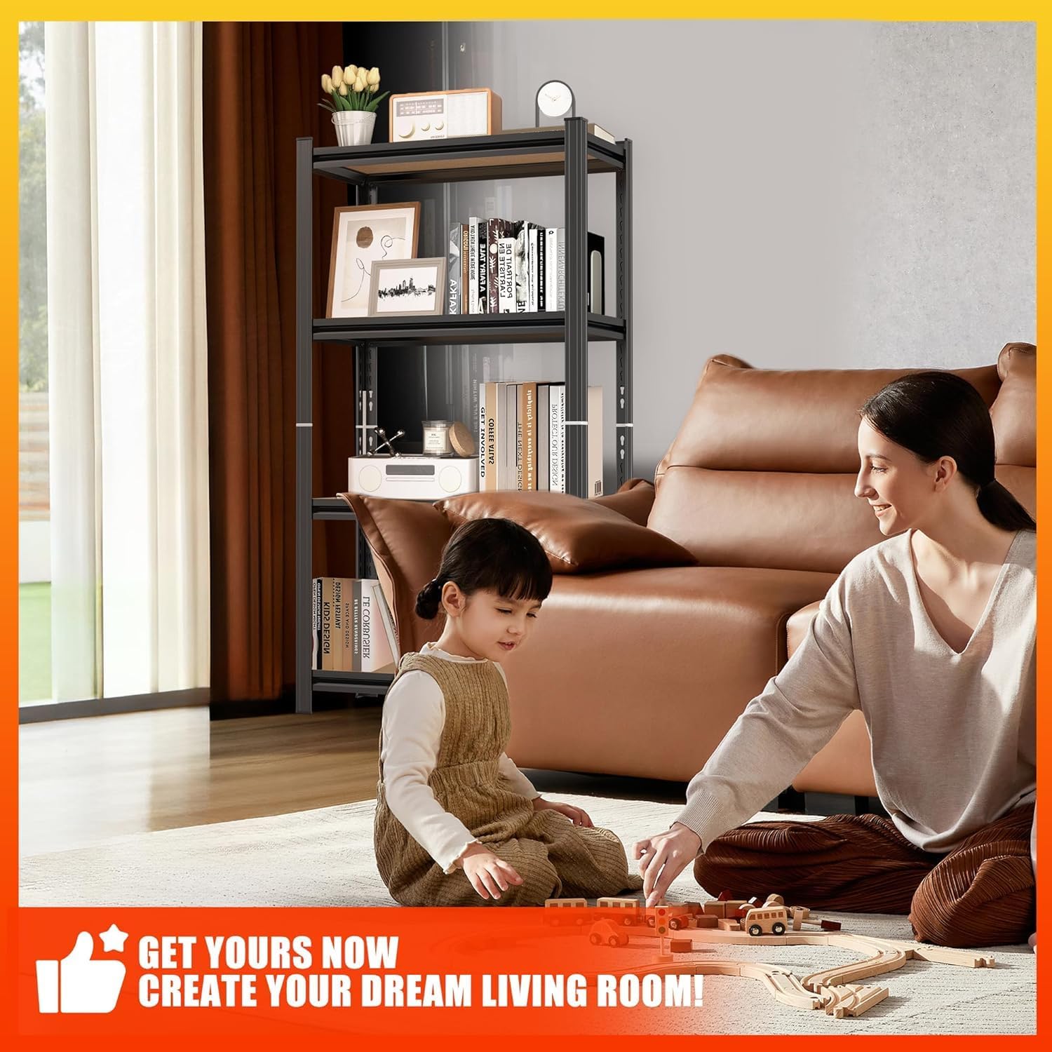 24"W x 12"D Metal Bookshelf | 4-Tier Heavy Duty Adjustable Shelf Height | Narrow Storage Unit | Wooden Board Bookcase for Study, Living Room, Office & Bedroom, Black(23.6" W x 11.8" D x 45.7" H)