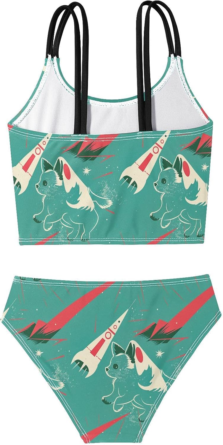 visesunny Girls Two Piece Swimsuits Cute Airship Flying Dog Girl's Bikini Sets Bathing Suits for Girls Size 5-12Y