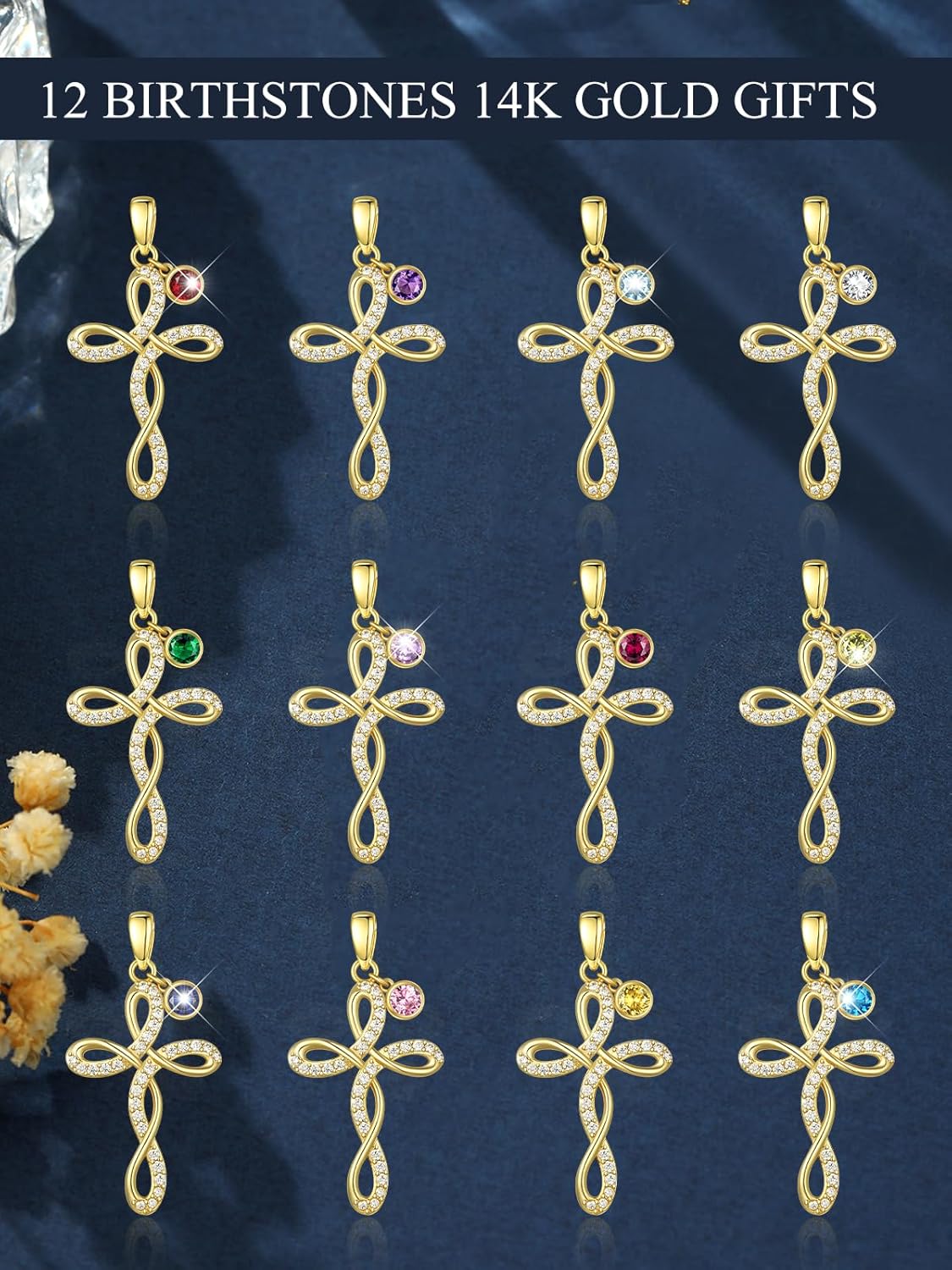 Cross Necklaces for Women, 14K Gold Cross Jewelry with Birthstone Pendant, Valentines Day Birthday Gifts for Her, 18+2 Inch Chain