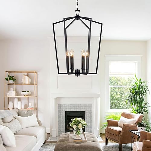 Miniatura 5 de Vezzio Candelabro negro, 6 luces modernas de granja, geométricas industriales, lámpara colgante para comedor, vestíbulo, isla de cocina, techo alto,