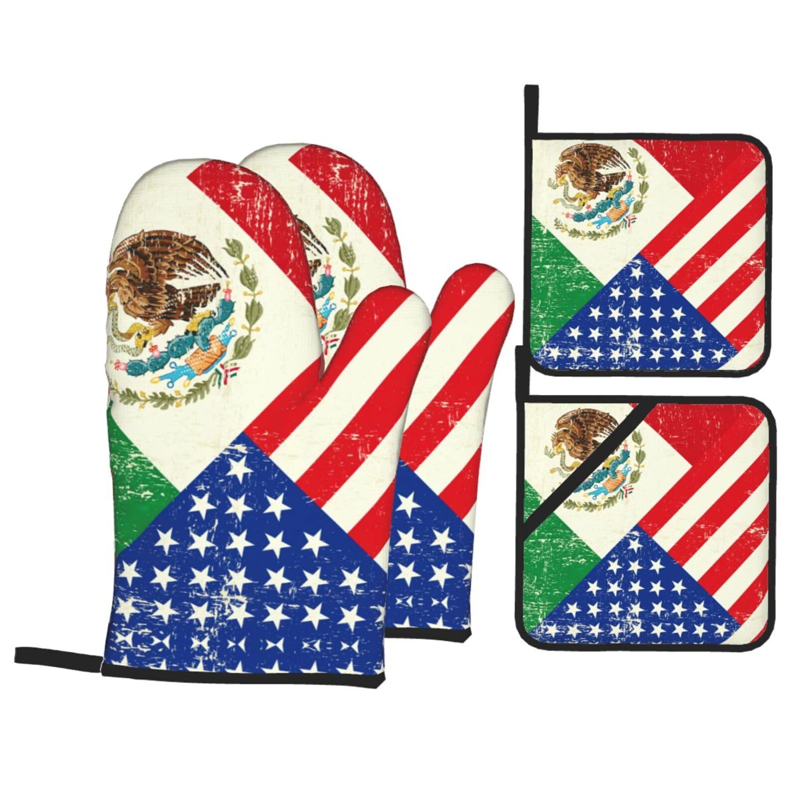 Mexican American Flag Print Stylish 4-Piece Microwaving Oven Waterproof Kitchen Gloves Baking Holiday Cooking