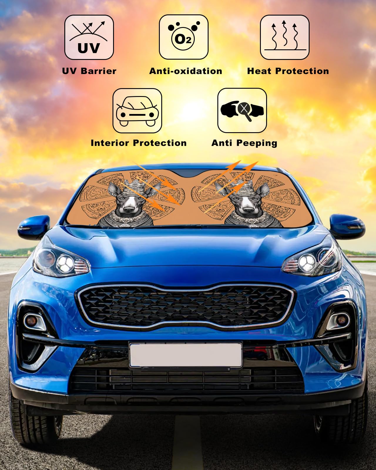Front Car Windshield Sun Shade 29x51in, Pet Dog with A Crown Thinking About Pizza Foldable Car Sunshade Blocks Sun UV Rays Protector Car Sun Visor Protector Keep Cool Car Sunshade