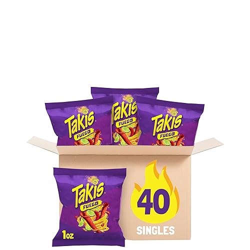 Takis Fuego 40 pc / 1 oz Multipack - Hot Chili Pepper & Lime Flavored Extreme Spicy Rolled Tortilla Chips - Individual Bags, Perfect for Tailgates, Parties, Lunchboxes or Lunches - Fuego - 40 Count (Pack of 1)