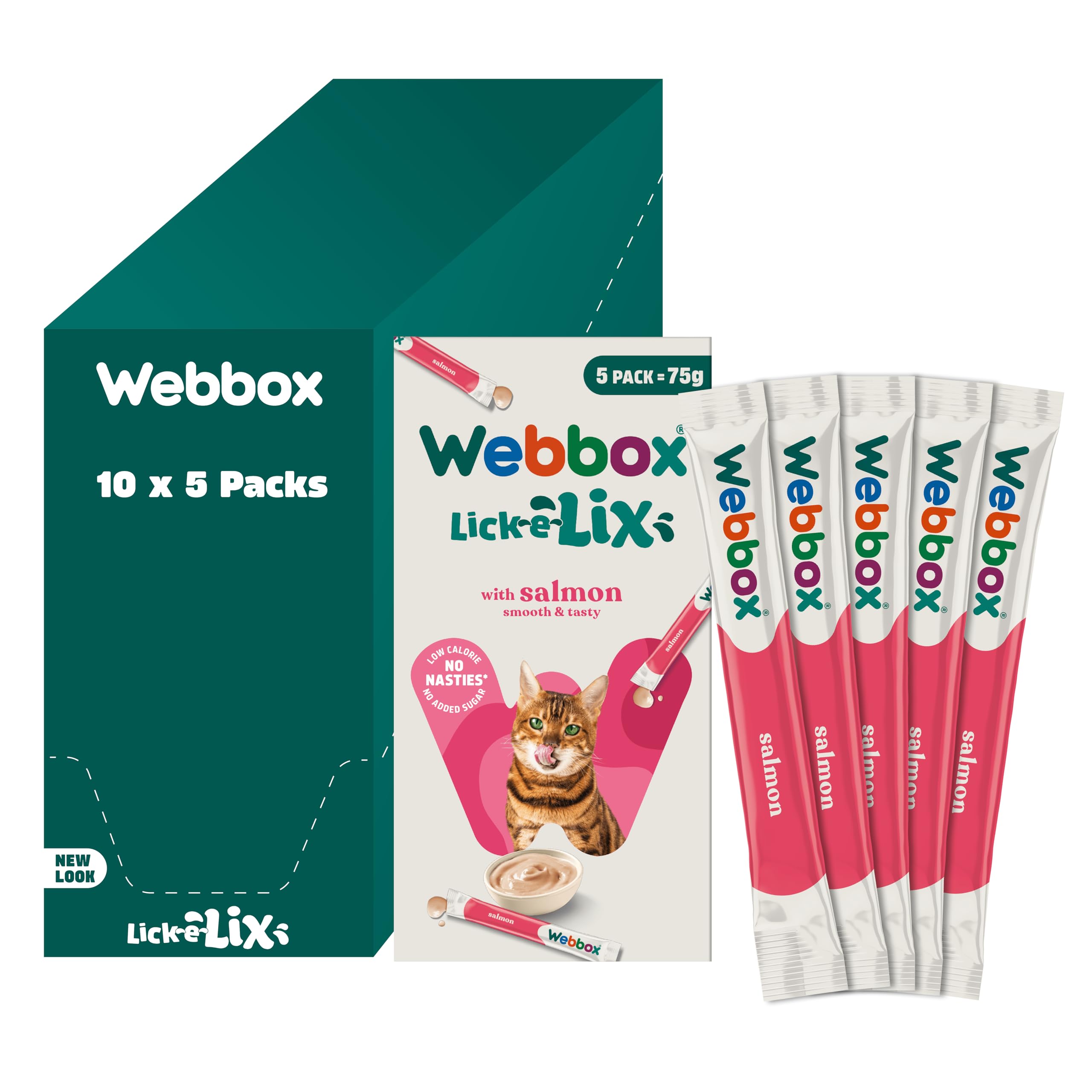 Webbox Lick-e-Lix Cat Treats, Salmon - Kitten Friendly, Grain and Gluten Free, No Artificial Preservatives or Colours (10 x 5 Packs)