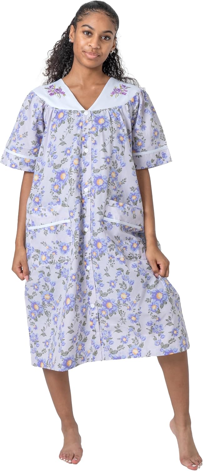 Women's Short Sleeve Woven Snap-Front Closure Floral Embroidery Housecoat Duster Lounge Nightgown Robe with Front Pockets - Image 5