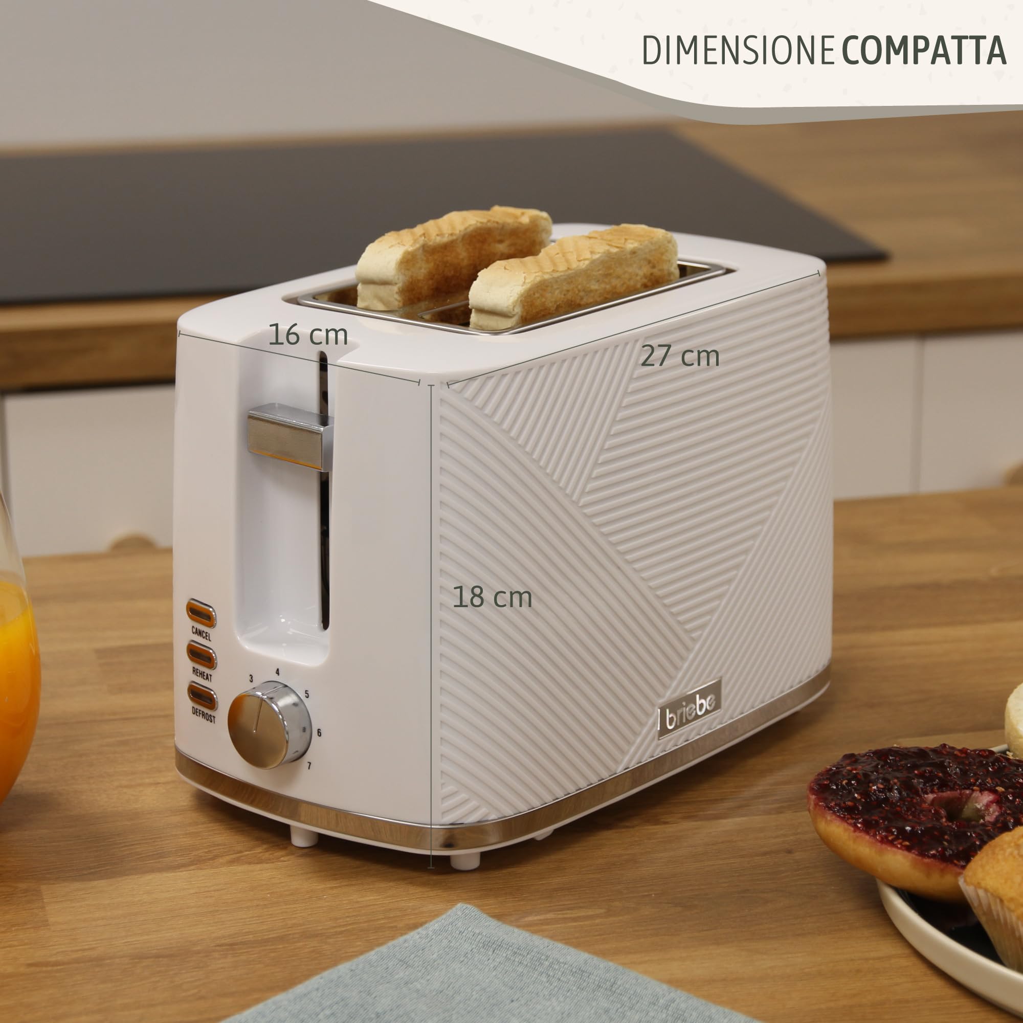 briebe Elegance Tostapane a Fessura Larga a 2 Fette, 7 Livelli di Tostatura, Pinze + Bollitore Elettrico 1,7L Cordless, Ebollizione Rapida 2200 W, senza BPA, Set Colazione, Design Moderno Bianco