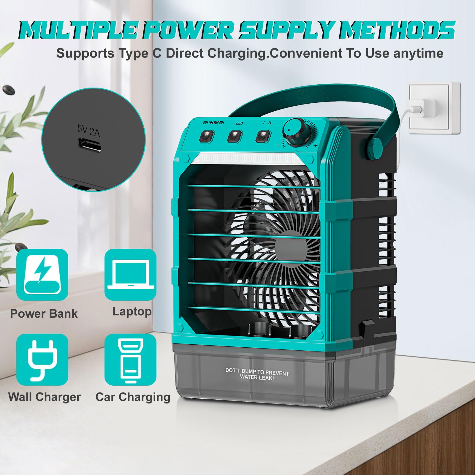 Ventilator mit Wasserkühlung Kompatibel für Makita 18V Akku und USB-betrieben，Luftkühler mobil mit Wasserkühlung,Ventilator mit Luftbefeuchter für Terrasse, Garage Urlaub Sport Büro Garten