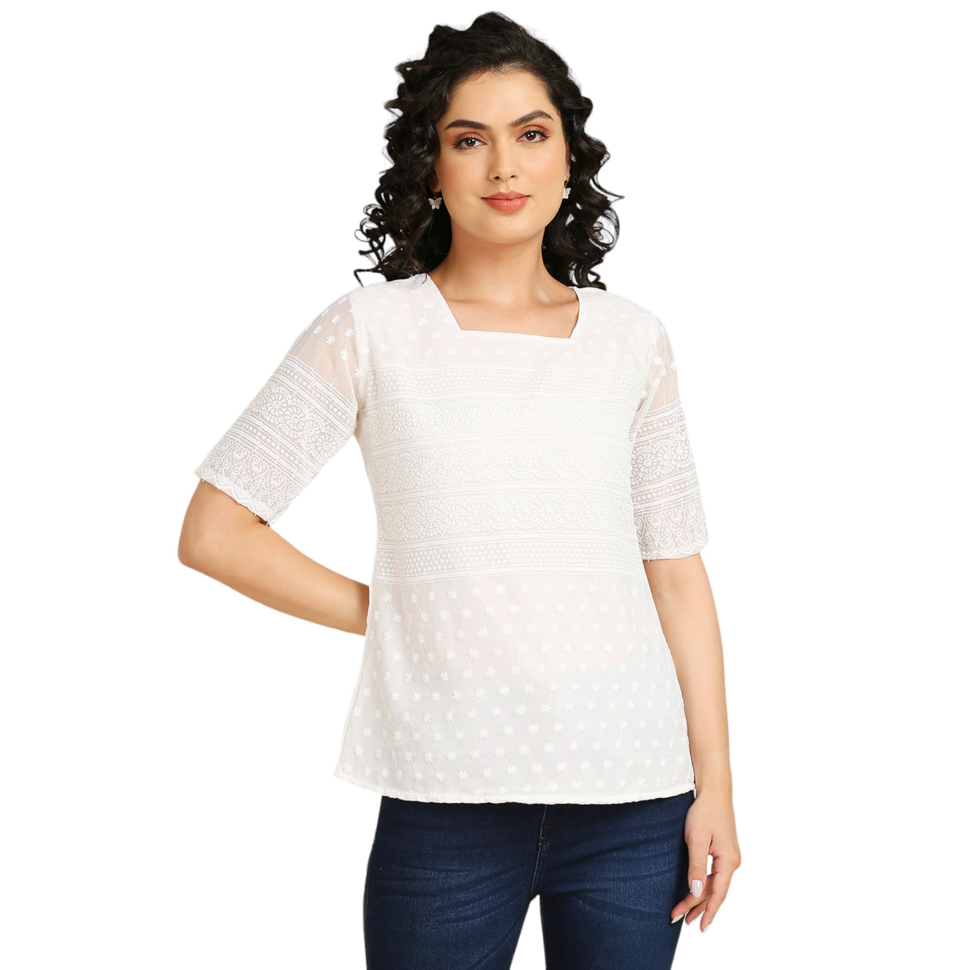 gufrina Chic Women's Half Sleeve Square Neck Lace Top - Elegant and Stylish Fashion Blouse for All Occasions-picture-31