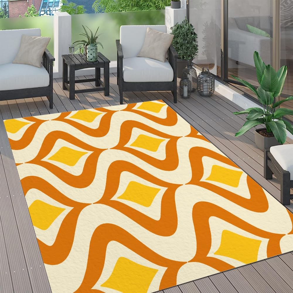 Orange Diamond Star Area Rug Wavy Lines Bedroom Rug Low Pile Washable Kitchen Rugs fot Living Room Patio Indoor Outdoor Soft Low Pile Carpet 2'x3'