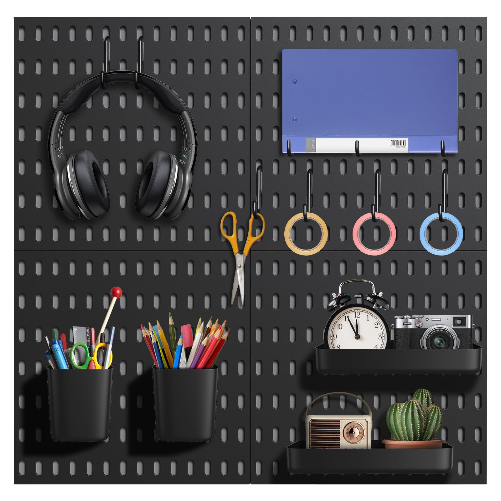HENSHOW Juego de 4 tableros de ranuras, pegboard con accesorios para organizador de manualidades, exhibición de adornos, almacenamiento de habitación infantil, no requiere perforación