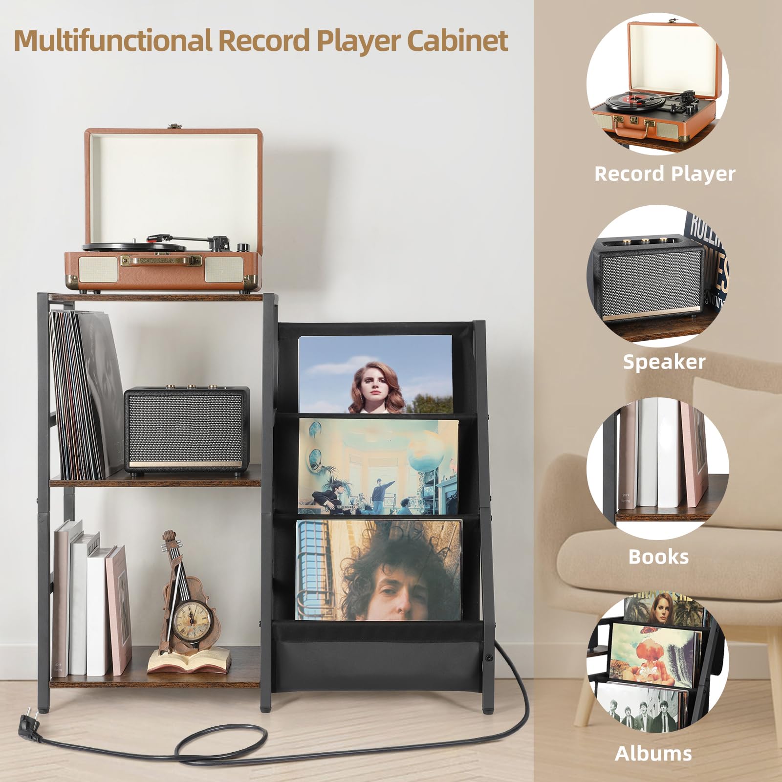 Bikoney Meuble Platine Vinyle avec Prise de Courant, Table d’Appoint à 3 Niveaux pour Tourne-Disque et Rangement jusqu’à 200 Albums, Support Design pour Disques et Salon