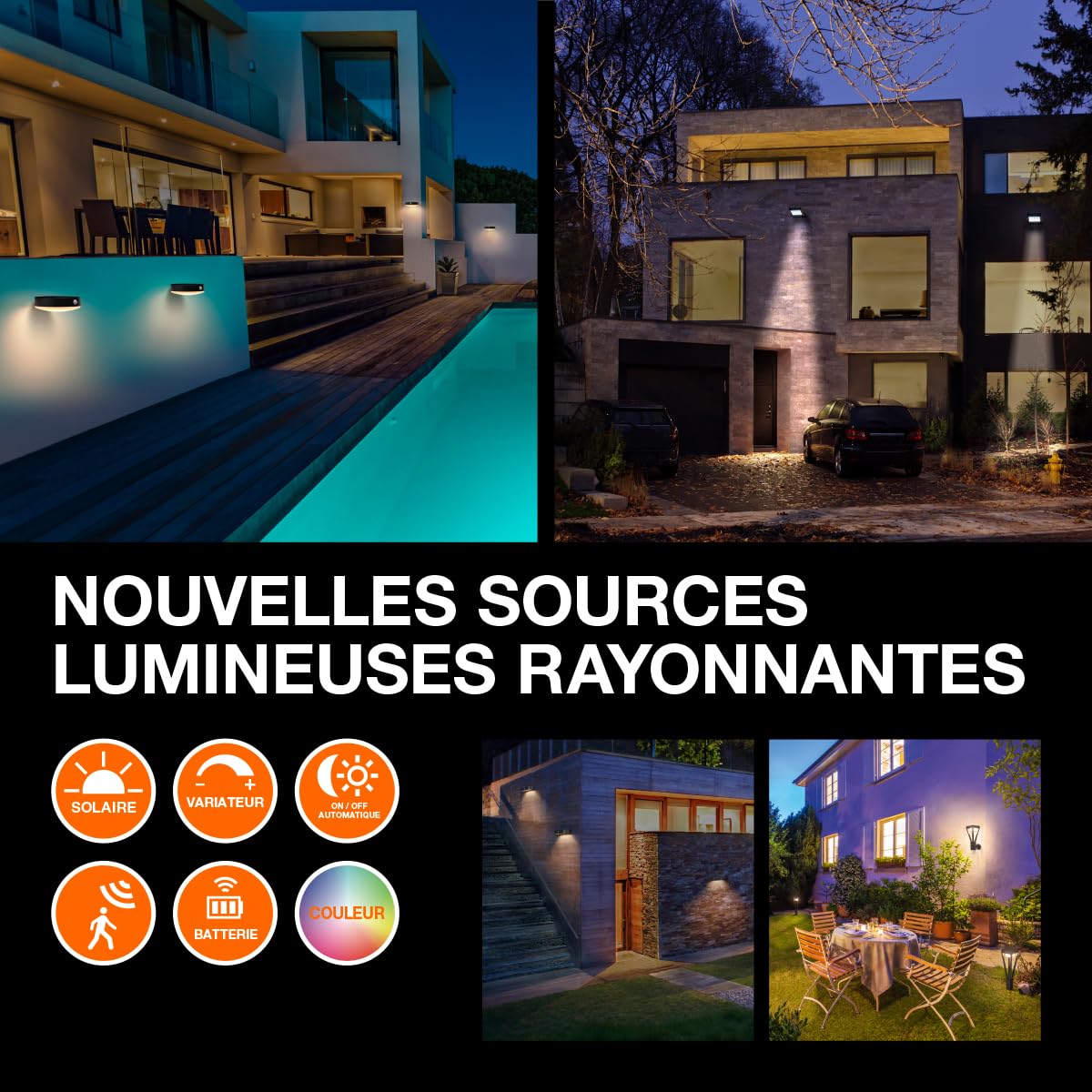 LEDVANCE Applique murale solaire ENDURA Style Glow, deux anneaux lumineux contrôlables séparément, lumière blanc chaud 3000K, capteur intégré, utilisable sans alimentation, protection IP44, gris foncé