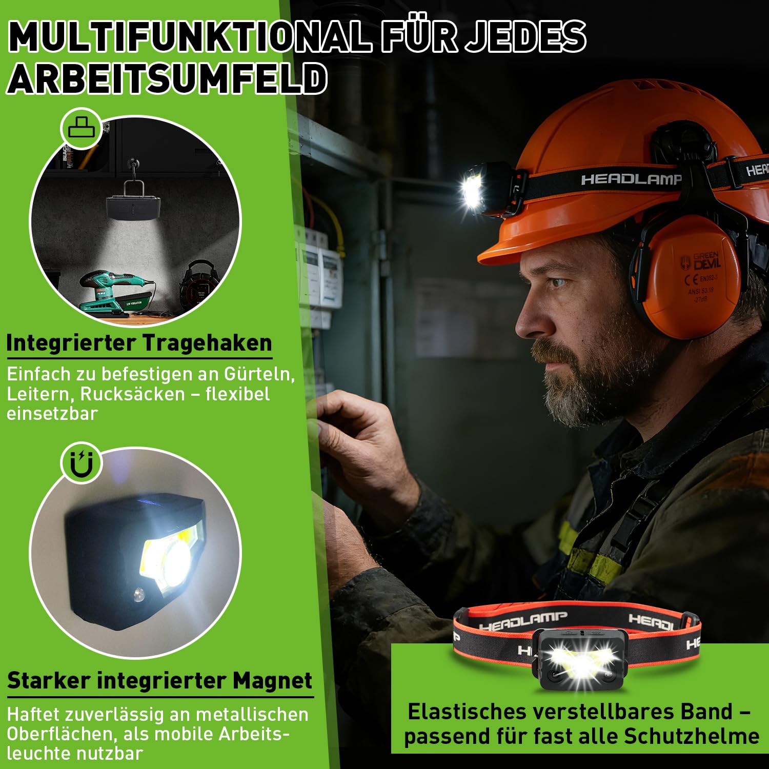GREEN DEVIL Lampe de casque – Convient pour casque de protection, capteur de mouvement, 5 modes d'éclairage, IPX5 étanche et rechargeable, rotation à 90 °, mains libres