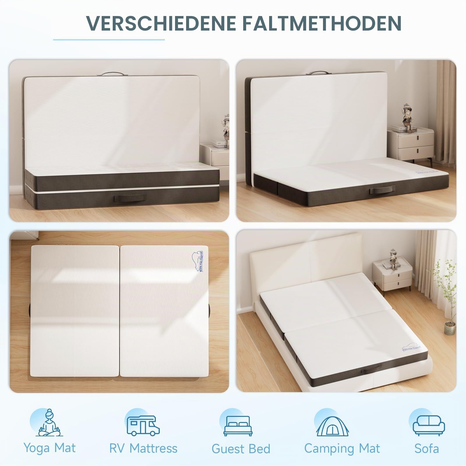 wowttrelax Faltmatratze Doppelbett, 10,2 cm, faltbare Bodenmatratze, Doppelbett, 4-fach gefaltet, einfache Lagerung, mit waschbarem Bezug und Druckentlastung, für Camping, Wohnwagen, Gäste (135 x 190