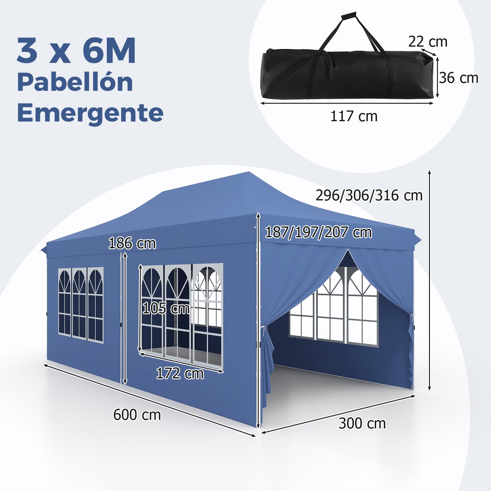 COSTWAY Carpa Plegable 3x6m, 6 Paredes Laterales Desmontables, Pergolas de Jardin Pop UP, Protección UV 50+ Impermeable, 6 Sacos de Arena, Cenadores Pabellón Jardin Exteriores (Azul)