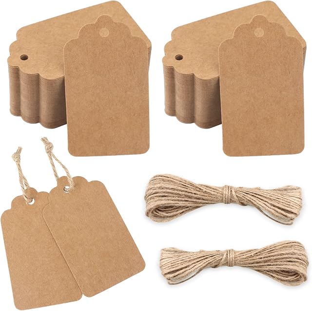 jijAcraft Kraft Paper Tags, 100Pcs Brown Gift Tags 7X4CM Hang Tags with String for DIY Crafts