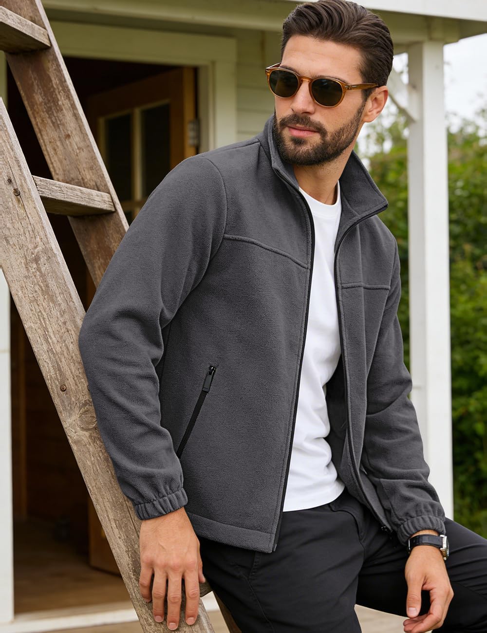 Mens Polar Fleece Jacket Full Zip Lightweight Casual Outdoor Jackets Stand Collar Warm Coats with Pockets - Image 5
