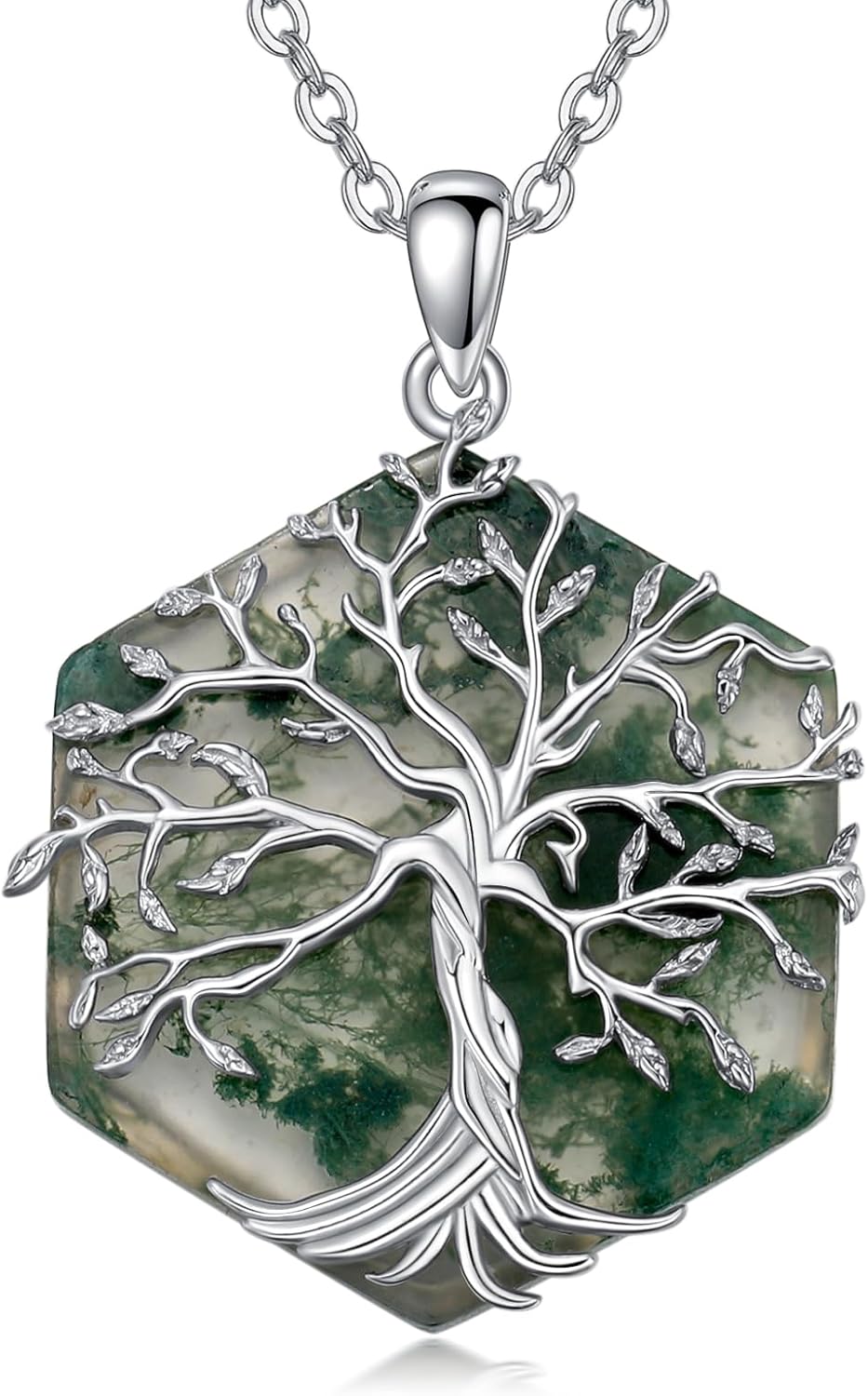 Moss Agate Tree of Life Necklace Sterling Silver Tree of Life Necklace for Women Moss Agate Pendant Necklace Hexagon/Oval/Heart/Coffin/Pear Shape Best Gift for Birthday