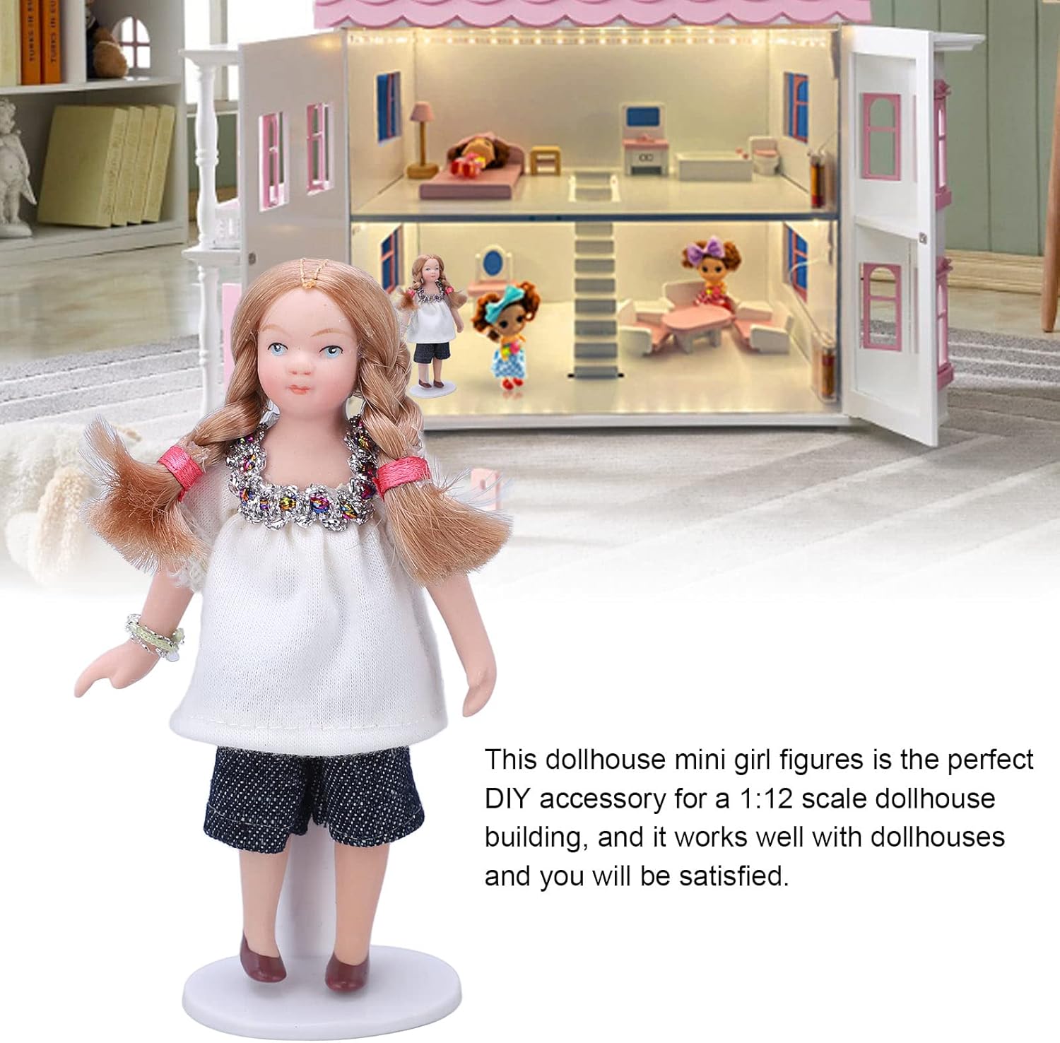 Dollhouse Girl Doll, 1/12 Scale Ceramic and Cloth Miniature Porcelain Girl Dollhouse with T Shirt Shorts