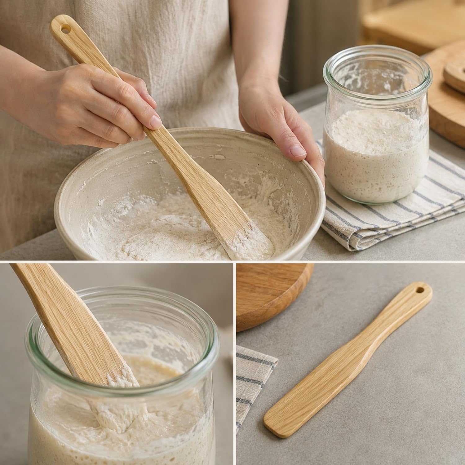 2-Pack Wooden Mixing Rod, Sourdough Mixing Tool with Long Handle for Baking & Cooking, Teak Wood Kitchen Utensils Kit for Dough, Jar Spatula & Starter