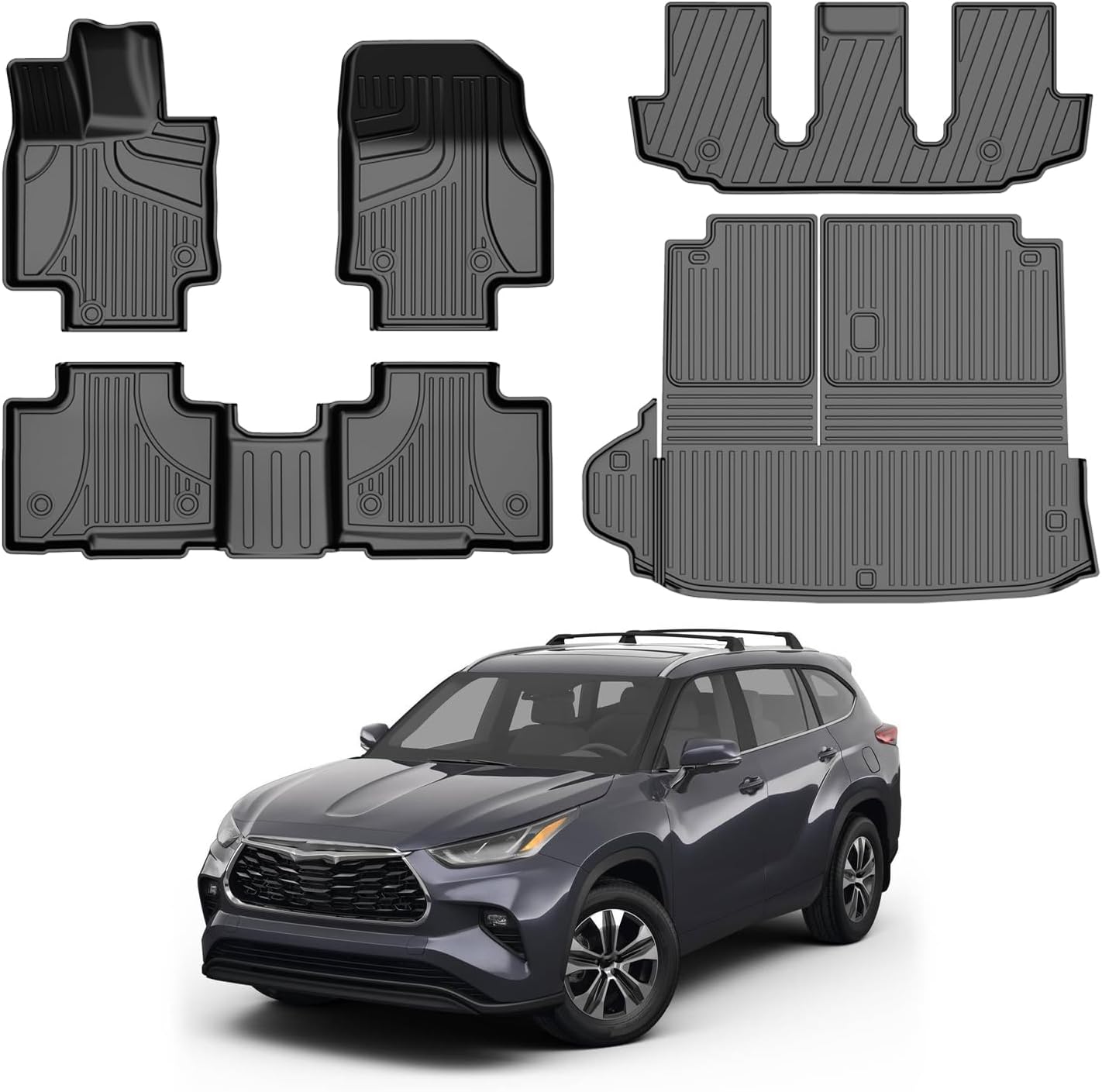 Floor Mats & Cargo Liner for Toyota Highlander 7 Seats 2020-2024 2025 TPE All Weather Floor Liner 2024 Highlander 1st 2nd 3th Row & Cargo Mat Back Seat Cover Protector Full Sets (5 PCS) 2020-2024 highlander floor mats set