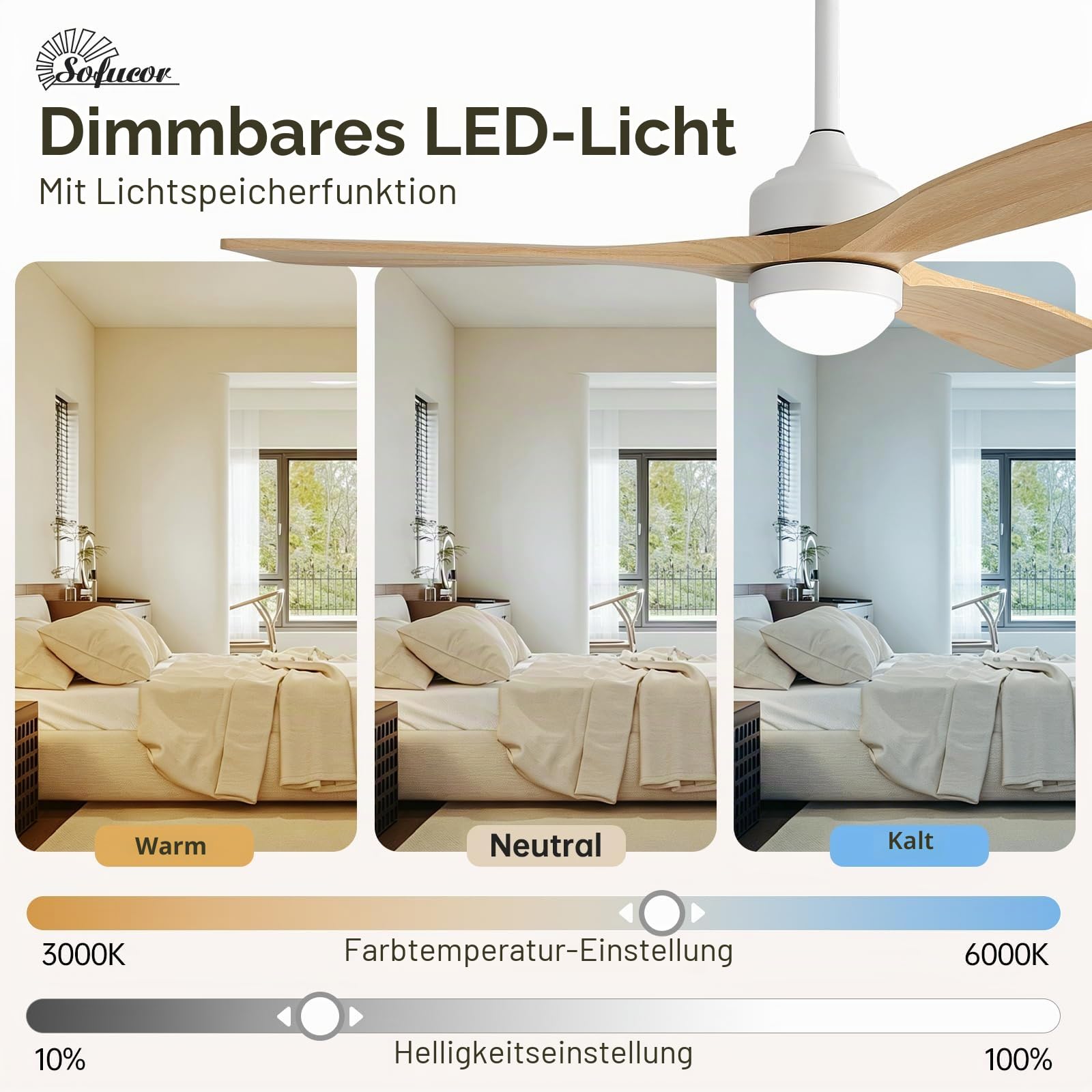 Sofucor Smart Deckenventilator mit Beleuchtung,132cm Massivholz Deckenventilator mit Licht, Alexa/APP, WiFi, Fernbedienung, DC, 3 Farbtemperatur, Timer, 6 Geschwindigkeiten für Schlafzimmer