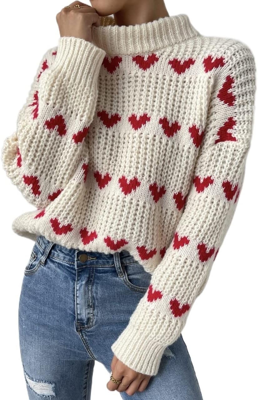 Women's Sweater Heart Pattern Drop Shoulder Sweater Sweater for Women (Color : Beige, Size : Medium)