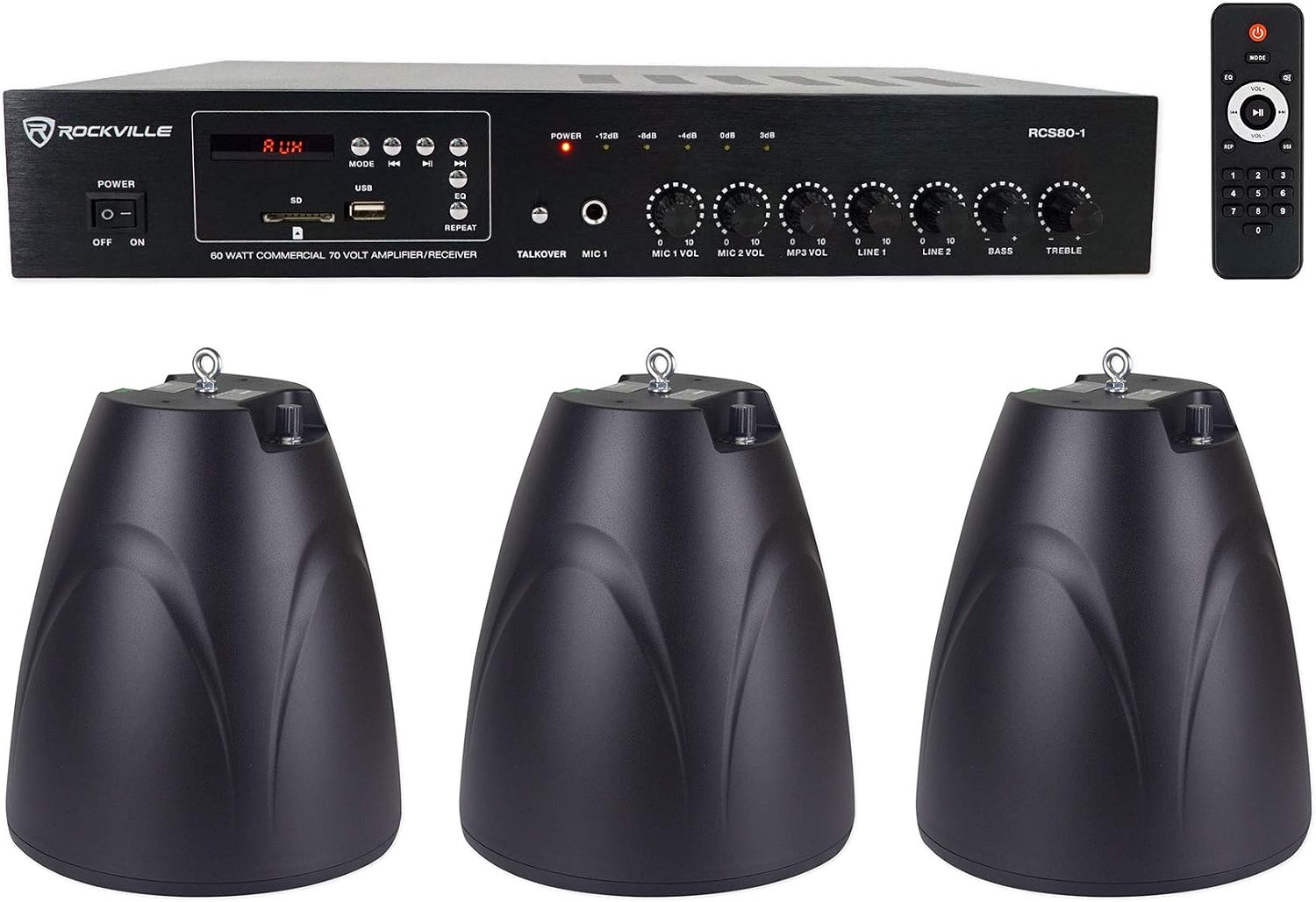Rockville RCS80-1 Commercial Amp with 3 PEN-65T Black Pendant Speakers