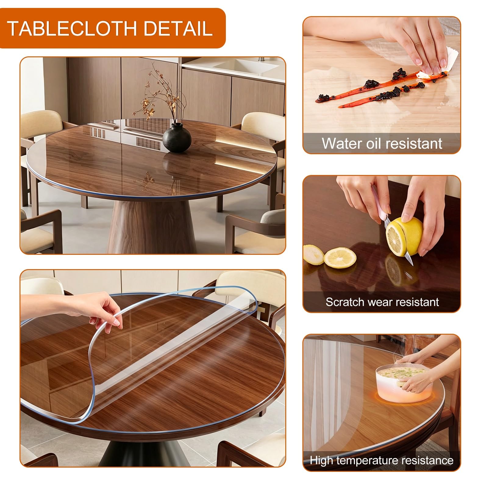 Mantel redondo de PVC impermeable de 100 cm, cubierta de vinilo C de 2 mm de grosor, resistente al aceite y al calor, protector suave para comedor y cocina