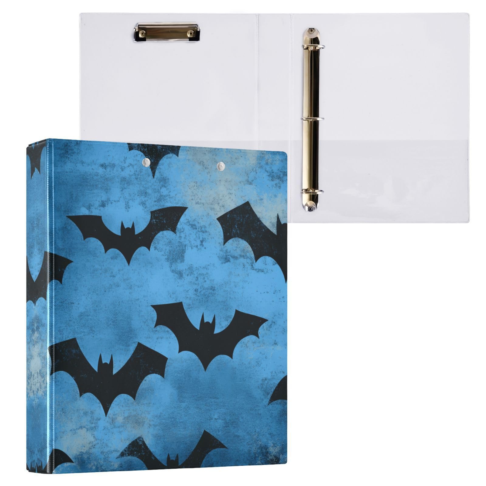 Confezione da 2 raccoglitori a 3 anelli, motivo pipistrelli di Halloween, 3,8 cm, con 3 tasche trasparenti, portablocco e contiene 200 fogli, per ufficio, scuola, organizzazione domestica