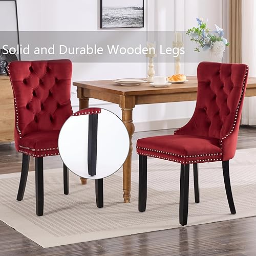 Miniatura 25 de Juego de 4 sillas de comedor de terciopelo beige, sillas de comedor tapizadas con adorno de tirador de anillo trasero y patas de madera maciza,