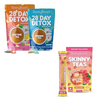 SkinnyBoost 28 Day Detox Tea + Skinny Teas Hibiscus Berry Instant Tea Natural Cleanse, Bloating Relief, Energy & Digestion Support Green Tea, Garcinia, Inulin, B Vitamins