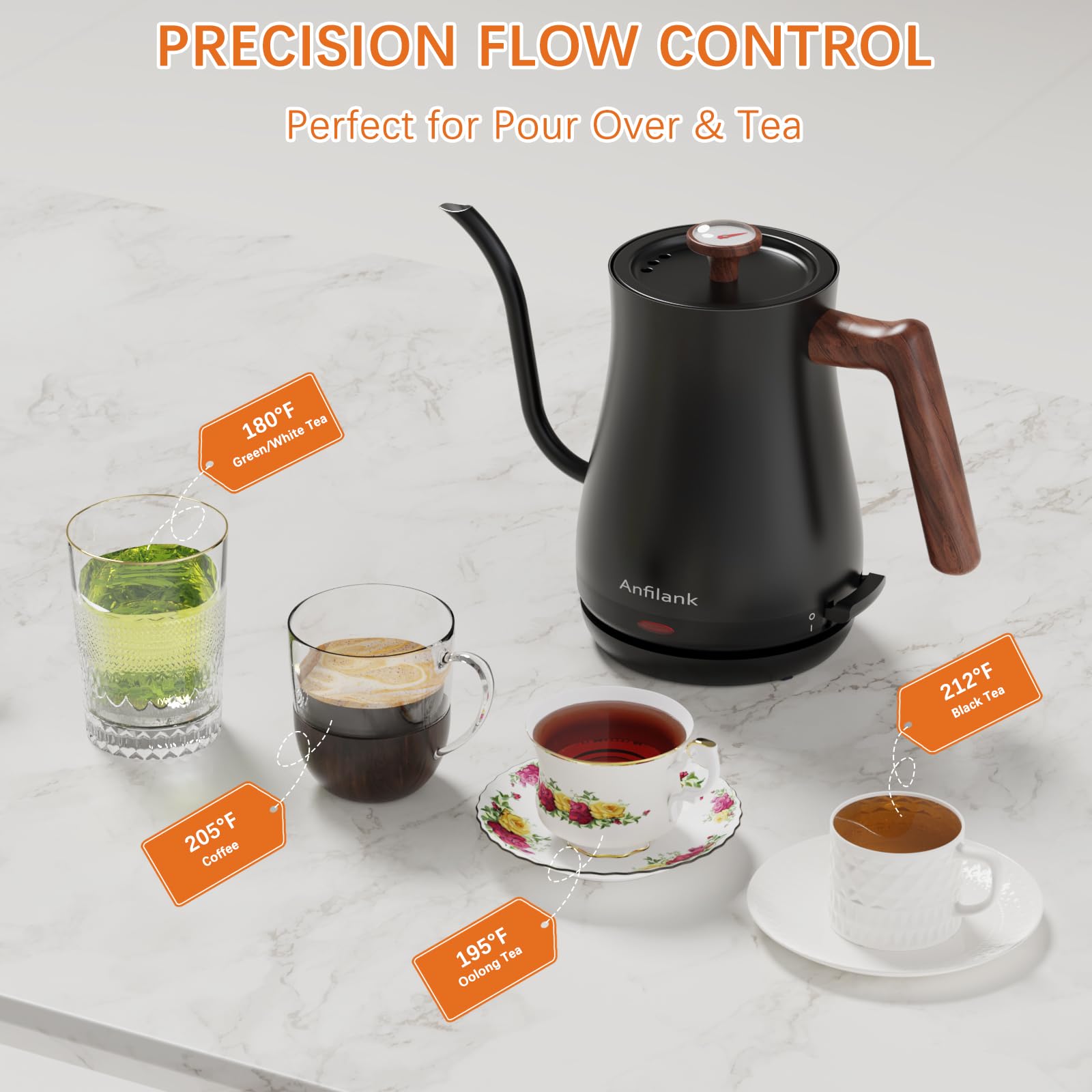 Anfilank - Hervidor eléctrico de cuello de cisne con termómetro, tetera eléctrica pequeña de 0,8 L, calor rápido de 1200 W, vertido de precisión para café y té, apagado automático y protección contra
