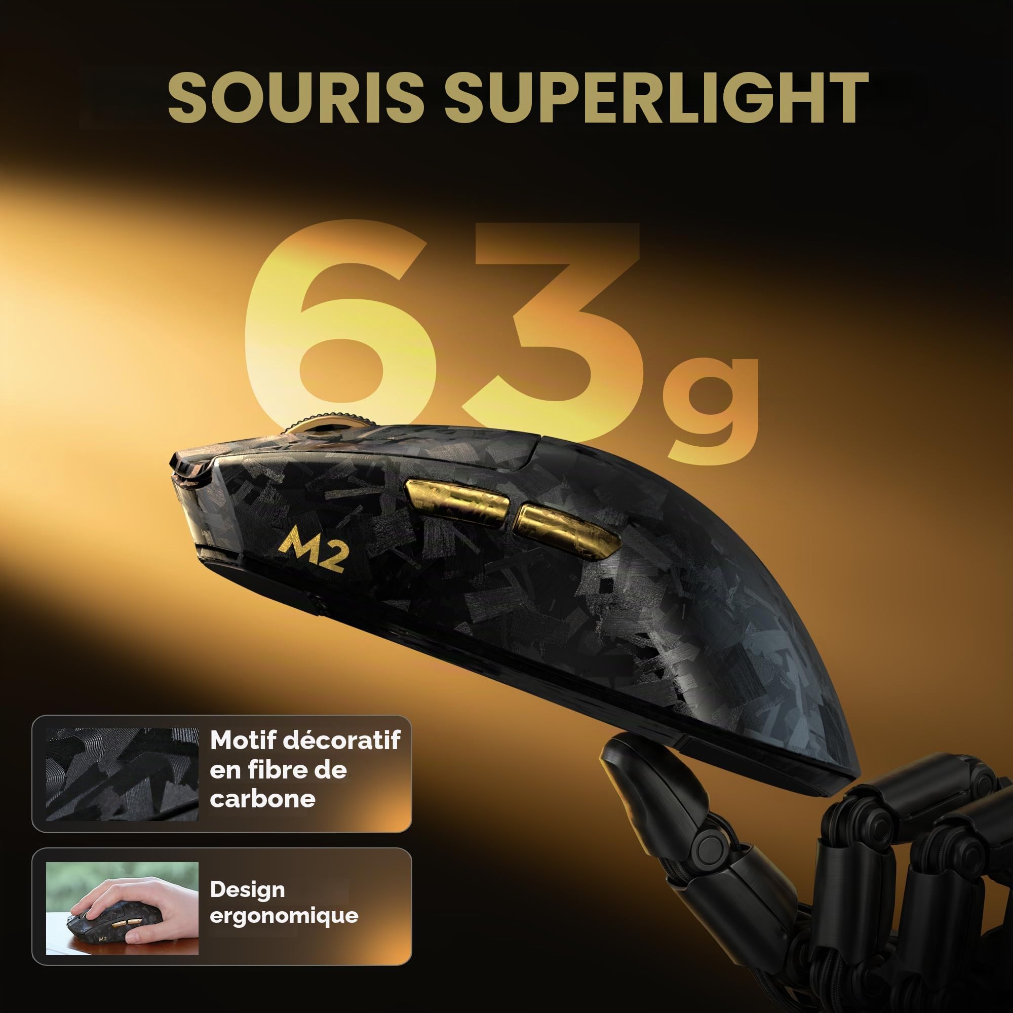 YUNZII M2 Souris Gamer sans Fil Dual 8K PAW3395, DPI 6 Niveaux (Noir)