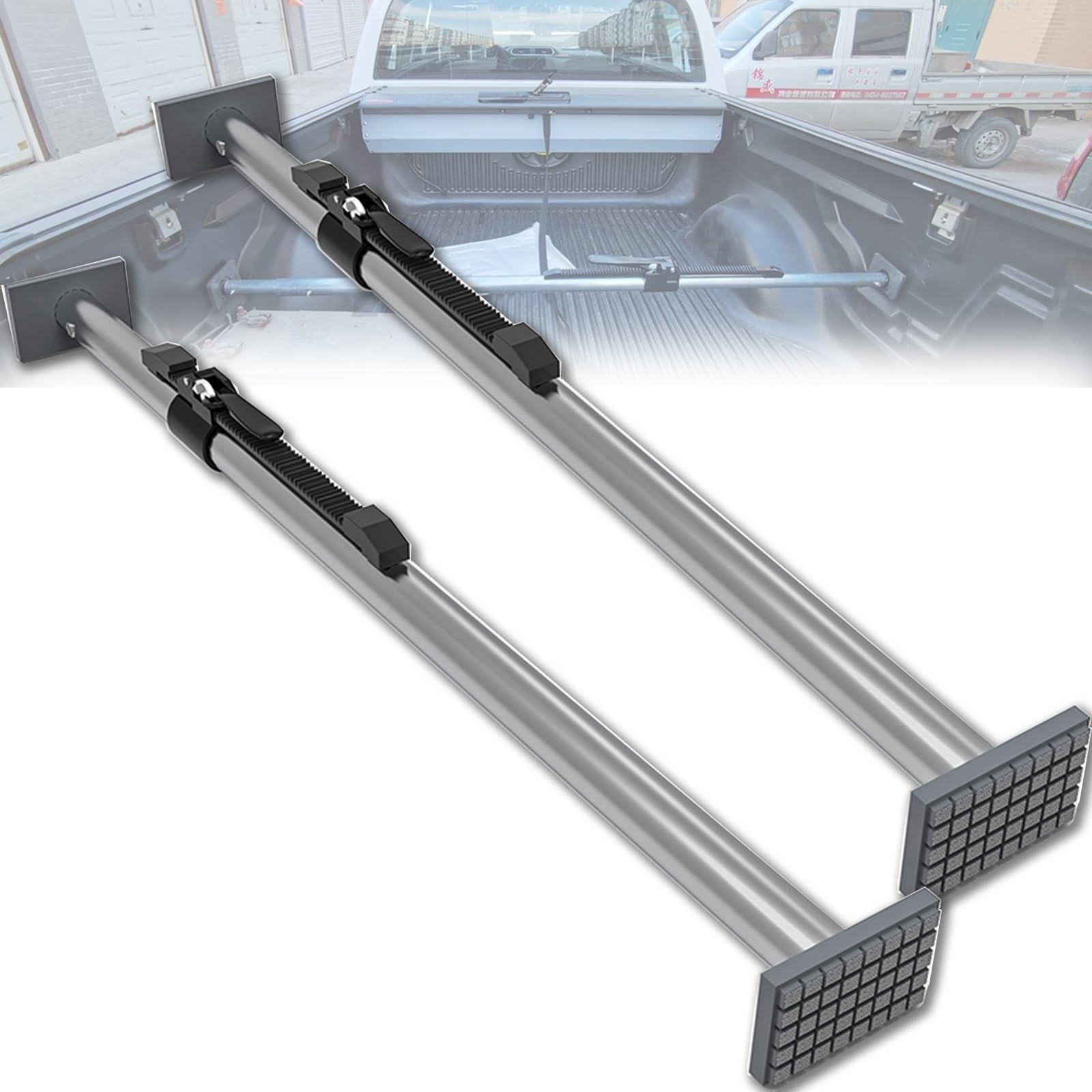 Drążek ładunkowy do łóżka pickupa, drążek stabilizatora ładunku ze stopu aluminium z podkładkami pod stopy 10 x 6,5 cm i wbudowanymi sprężynami, regulowana długość