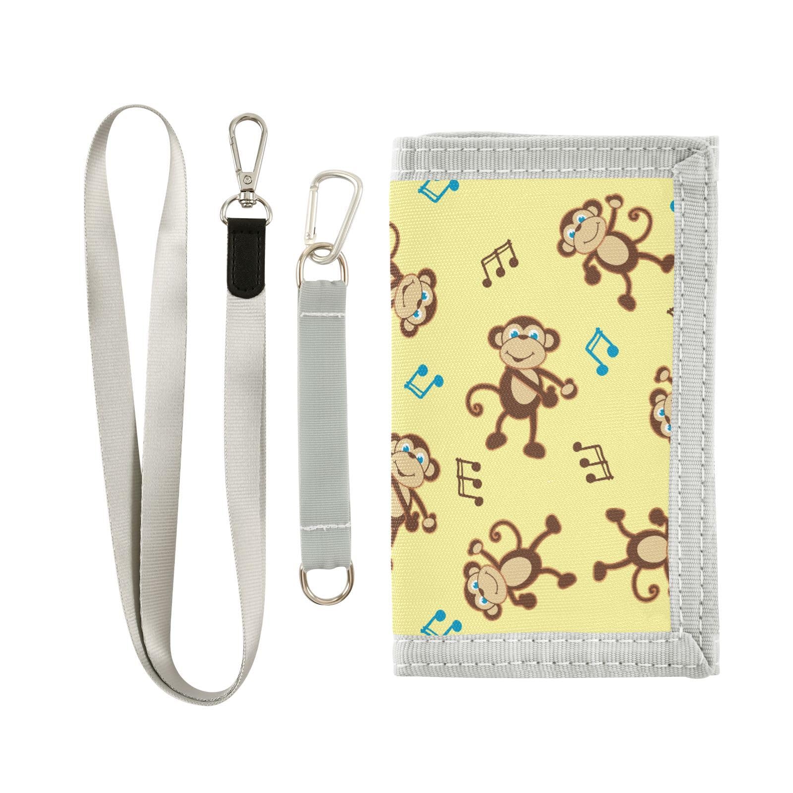 JHKKU Monkey Music Notes Kids Wallet for Boys Girls, Teen Canvas Trifold Purse with Zipper Coin Pocket