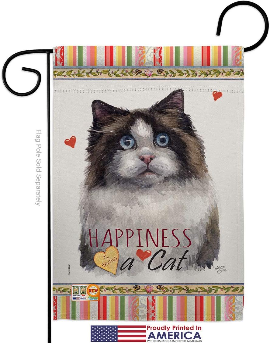 Breeze Decor Mitted Ragdoll Happiness Garden Flag Set Wall Holder Animals Cat Kitten Meow Spoiled Paw Fur Pet Nature Farm Animal Creature Small Decorative Gift Yard House Banner Made in USA 13 X 18.5