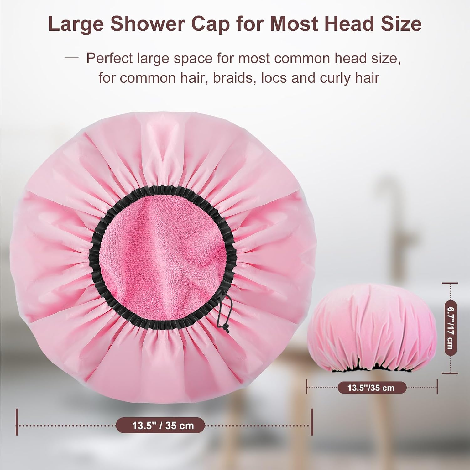 Sheomern 2 Pcs 13.5" Dual Waterproof Design Adjustable Terry Shower Cap for Women and Men, EVA Double Layer Bath Cap Reusable for Braids, Long Hair, Dreadlocks image 5