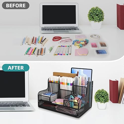 Miniatura 5 de Organizador de escritorio de malla negra y accesorios con 7 compartimentos, accesorios de escritorio multifuncionales de malla, organizadores de