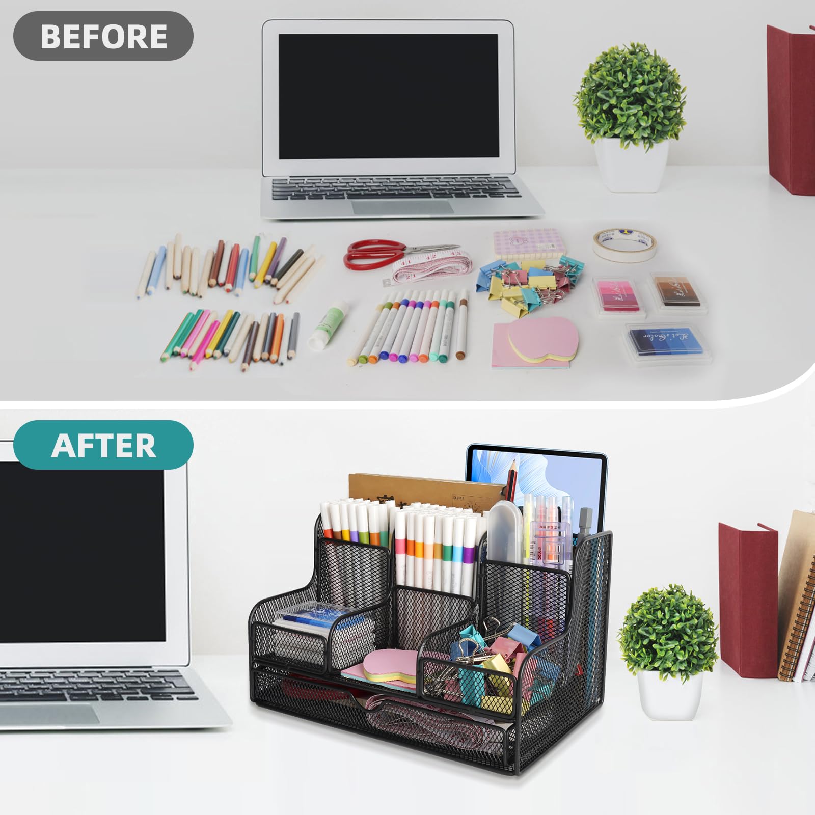 Schreibtisch Organizer, Stiftehalter Schreibtisch Organizer aus Netzstoff und Zubehör mit 7 Fächern, schwarzes Netz, multifunktionales Schreibtischzubehör, Bürobedarf für Zuhause, Büro